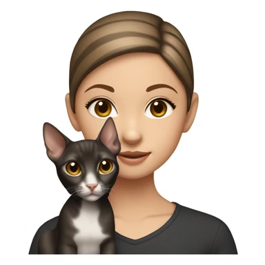 Girl with straight brown hair with cold blond highlights, hazel eyes, eyeliner, holding black oriental shorthair cat sticker
