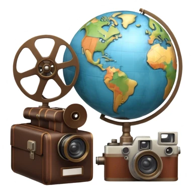 Icon for Documentary Film: A vintage movie poster-style design featuring a film reel, camera, and a globe, symbolizing exploration and learning. Include elements like books, a notebook, and historical or natural icons to represent informative storytelling. Transparent background. sticker