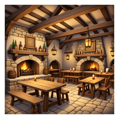 cozy medieval fantasy tavern with wooden beams, fireplace, and tables where adventurers gather sticker