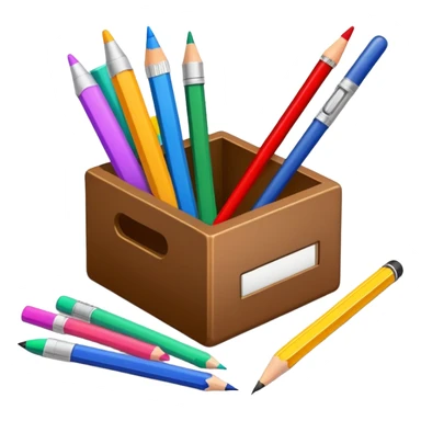 small box of teaching supplies with a pencil, ruler, and markers sticking out sticker