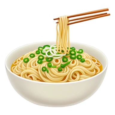 Shanghai Scallion Oil Noodles with green onion topping, simplified emoji style with bold outlines and bright colors, cartoon style simple Cong You Ban Mian sticker