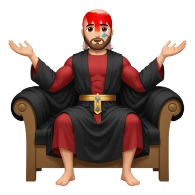 fullbody bald jesus christ jacked, sleeveless black robe sitting hands on armrests sticker