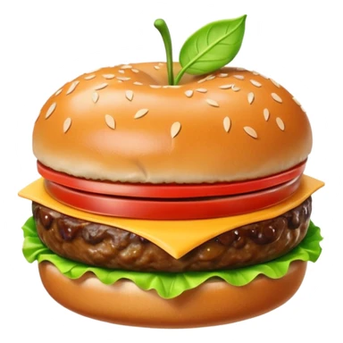 A classic single patty hamburger emoji, 3D Apple style, glossy and colorful. Soft rounded bun with sesame seeds, one beef patty, fresh lettuce, tomato slice, melted cheese, realistic but cartoonish look, clean white background sticker