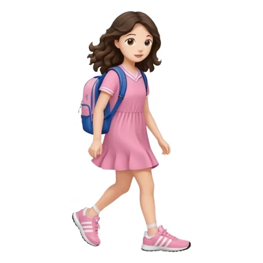 aestethic brunette very long wavy hair walking with a school backpack, with a cute pink dress, adidas shoes sticker