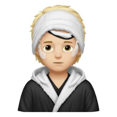 Create a blond boy with long, messy hair, light eyes, a white t-shirt, rich, with long hair, blue eyes, medium-length, voluminous hair, wearing a black Nike bathrobe and a little blush near his nose. and with a  balaclava, but showing her hair. sticker