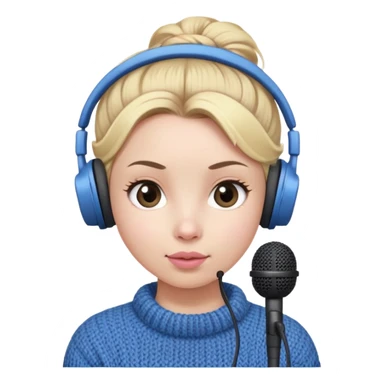 a cute face girl have bright white skin
and small and natural lips (kinda
pinkesh) with blue knitwear with a
blonde one hair bun and she is a
podcaster in her school. with recording
microphone in front of her not held and
a headphone in her head sticker