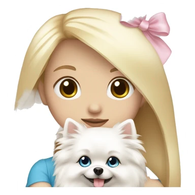Blond girl white skin blue eyes hugging white Pomeranian with light pink bow sticker