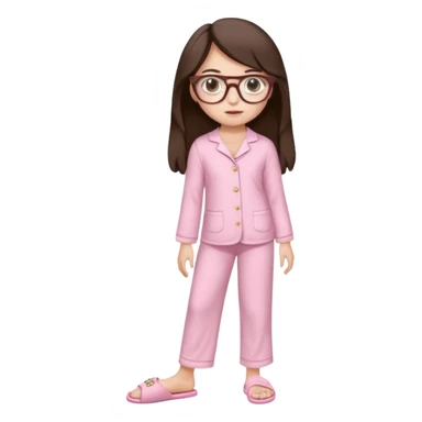 Girl age 20 years old with dark brown long hair, light skin, brown eyes, wearing a miu miu glasses the brown ones, and wearing a top in white with a pair of pyjama pants in pink and it's mocked in light pink too and a slipper in white and she looks pretty  sticker