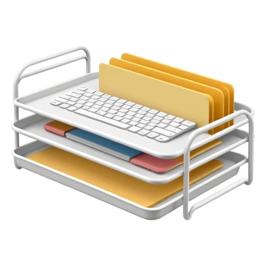 A minimal, clean emoji-style illustration of a white metal desk paper organizer tray, shown in slight isometric view so its structure is readable at a small scale. The organizer is rectangular with rounded corners, made of thin white metal wires, forming two to three stacked horizontal slots. sticker