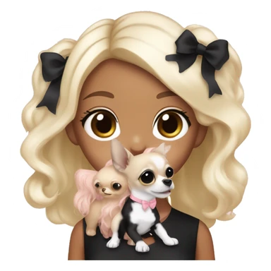 black blonde girl with long platinum black wavy hair with bright brown eyes and wearing a light pink hair bow holding a black and white long haired chihuahua puppy also wearing a hair bow sticker