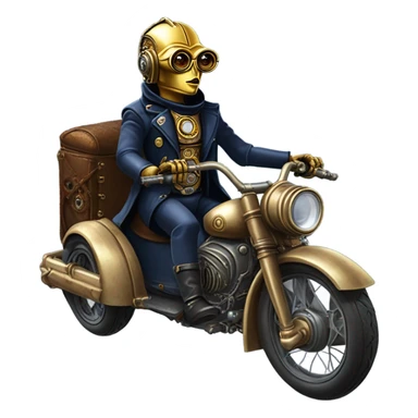 C-3PO wearing a pair of navy-blue rimmed steampunk goggles, hat, leather chaps, fringe jacket riding a fast 3 wheeler trike steampunk motorcycle on ice  sticker