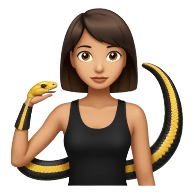 Femme brune yeux marron avec une coupe carré noir qui descend sur l'épaule , femme couleur de peau typé, avec un cobra a côté , débardeur noir sticker