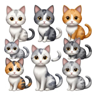 6 realistic looking cats with different natural coloured coats, assorted grey and white, greys, calico, brown and white colours etc
 sticker