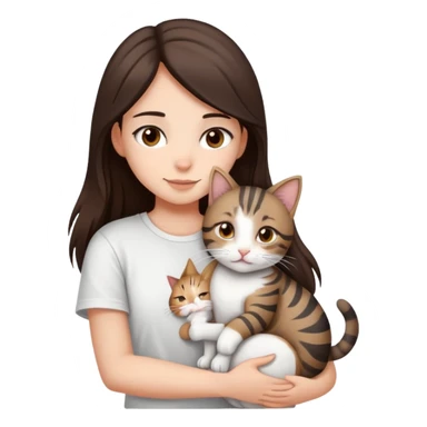 a girl with long dark brown hair, in a
white T-shirt and brown eyes, hugs a tabby
dark grey and white strips one cat sticker