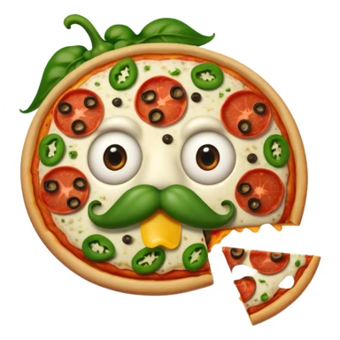 a  whole pizza with pepperonis from eyes and mushroom from the nose and green bell pepper from the mouth and mustache sticker