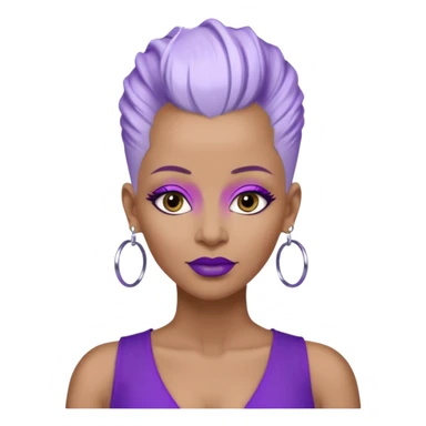 57 years young,  brown skinned Black queen with a  no hair on side and white hair in mohawk style, purple lipstick,  purple eyeshadow,  droopy looking  eyes, oval shaped face, hoop  design 
 earrings with the name Draya personalized on them.  sticker