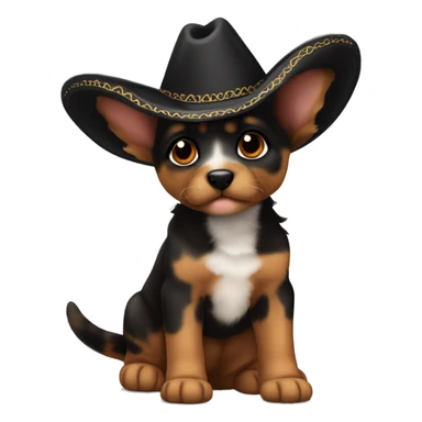A black and brown tortoiseshell pointy ear puppy without white with pointy ears and short fur wearing a sombrero  sticker
