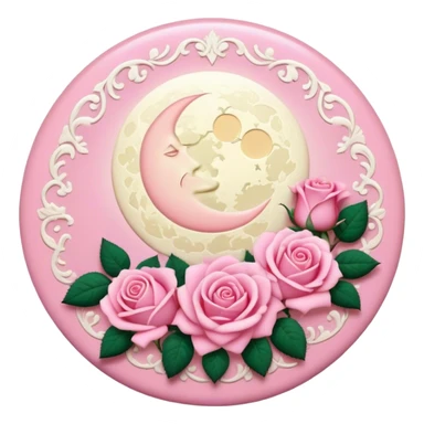 A round pink button with a light cream full damask moon and pink roses in the center sticker