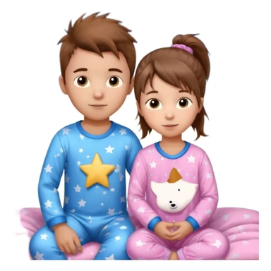 4 year old brown spikey haired boy with blue pajamas with stars on them and a 1 year old brown haired pony tail girl with pink pajamas, and stars on them with light skin sticker