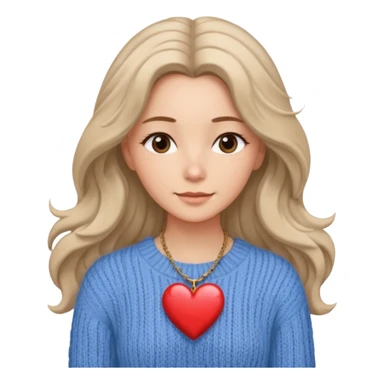 . Her skin glows warmly under the natural light, enhanced by the gentle textures of her knitted beige sweater and flowing hair. her heart-shaped necklace adds a delicate touch, while her serene expression brings a quiet strength to the portrait. The blue sky in the background.
 sticker