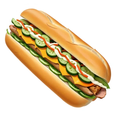 traditional banh mi with char grilled pork emoji 


    Very crusty baguette

    Mayo 

    Pickled carrot 

    Cucumber, coriander/cilantro, green onion, chilli 
 sticker