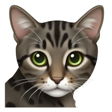 Dark brown and black and dark grey tabby dark brown black spotted with white paws cat with brown-green eyes and white neck sticker