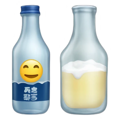 bouteille de saké avec étiquette et verre avec liquide transparent/bleuté sticker