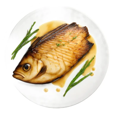 grilled fish fillet with brown butter sauce on white plate sticker