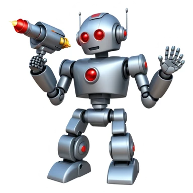 robot being hit with a red beam by a flying robot sticker