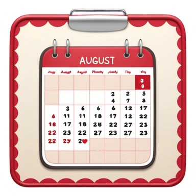 a monthly calendar labeled “August,” with rounded square date boxes, scalloped border frame, playful red doodle lines, and a cozy planner vibe. Minimal kawaii style, flat pastel color palette, slightly imperfect sketch lines, centered object, no background sticker