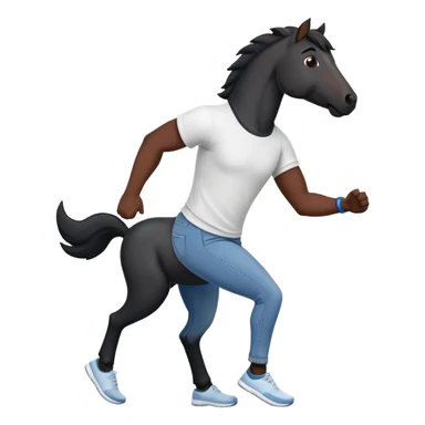friendly anthropomorphised black stallion in jeans and a t-shirt, jogging upright in relaxed pose sticker