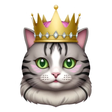 Gatito gris oscura con rayas negras ojos verdes vestida de reina con coronas y diamantes, más peluda y gordita  sticker