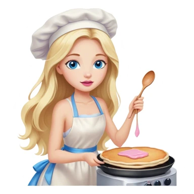 Cinematic realistic beautiful blonde with long hair, blue eyes and pink lips in a white dress cooks pancakes sticker