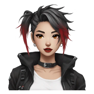 Gorgeous techwear anime style lady with blushing face aesthetic and pretty edgy black red white punk messy hair with collar and harness trending style sticker