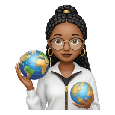 a young woman wearing fine gold round glasses and black hair in several box braids, no earrings, she has light black skin, and she's wearing a white shirt with a black quarterzip. She's holding a globe in one hand sticker