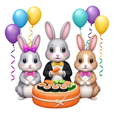 four cute bunny rabbits eating sushi at a birthday party, vibrant colors, balloons, streamers, emoji style sticker