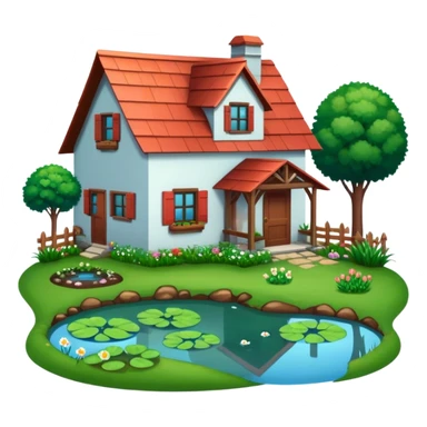 farm house with pond, garden,  sticker