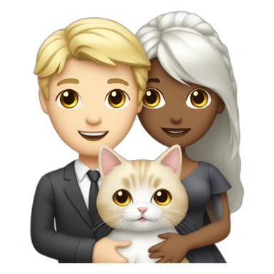 blond man, black hair white skin woman, marriage and holding gray cat sticker