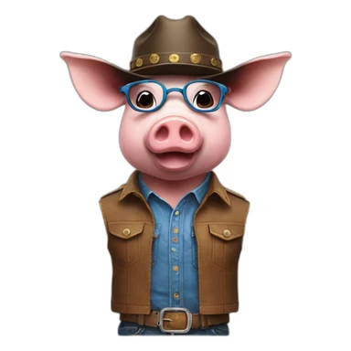 A pig with a cow boy's hat, with blue glasses and with a youtube in his chest sticker