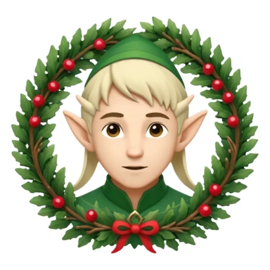 Fantasy elf portrait emoji, winter forest wreath made of pine branches and berries, elven ears visible, calm elegant expression, clean simple design, soft winter colors, flat emoji style, high readability, male variant
 sticker