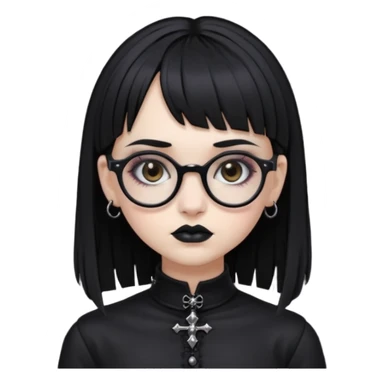 Faça uma moça de cabelo preto micro franja e penteado gótico pálida e com maquiagem gótica pesada olhos castanhos escuro e óculos  sticker