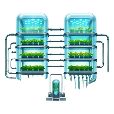 Exterior view of a futuristic hydroponic farm with glowing neon pipes and transparent water channels, sleek buildings shaped like nutrient tanks, vegetables and wheat growing in vertical layers, surreal atmosphere, emoji-style, cartoony sticker