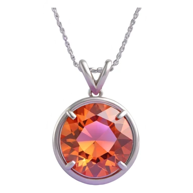 round cut pink fire opal gemstone with iridescent and fiery pink-orange colors, set in a silver setting with a silver jump ring for attachment, playful and glossy sticker