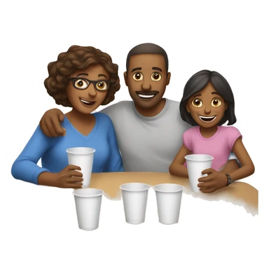 An emoji of a family—mother, father, and child—sitting at a table, playing a cup game with paper cups arranged on the table as they have fun together sticker
