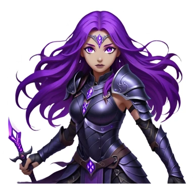 A mysterious warrior girl with long, flowing purple hair catching the dim light. Her glowing violet eyes stare forward, unwavering. She wears sleek black armor, adorned with silver runes that pulse faintly with hidden power. A dark mist swirls at her feet, hinting at the energy she commands. sticker