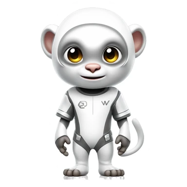 a 3d rendering of a full body shot of a cute white capucin monkey wearing a t shirt with a letter 'W' on it and a futuristic platinum helmet also with a letter 'W' on it, smiling and being cute to the camera, his style is futuristic y2k, he's standing up sticker
