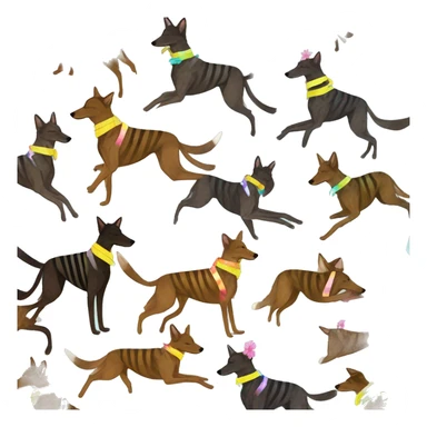  brindle brown black maroon striped lurcher Alsatian fox running blue eyes and iridescent holographic oilslick harness wearing paper iridescent tropical flower crown yellow caution tape sticker