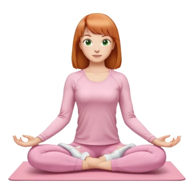 chin length ginger hair woman with bangs, green eyes, wearing long sleeve light pink yoga top, long flare light pink yoga pants, white sneakers, in gym, sitting on yoga mat sticker