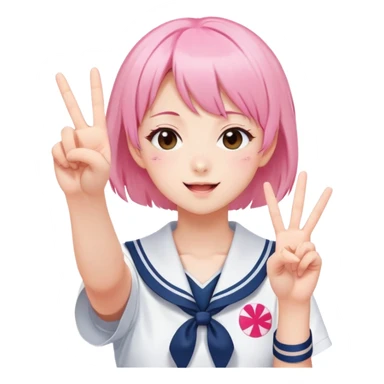 Energetic anime girl with short pink hair wearing Japanese sailor style school uniform, winking and making double peace signs, very cheerful and bubbly, kawaii style sticker