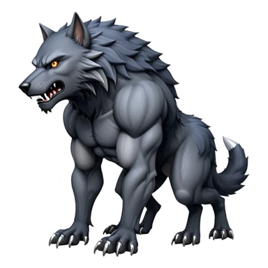 cinematic-noble-fierce-werewolf-full body on all fours-emoji, poised-and-imposing, with a tall, lean, and muscular wolfish frame inspired by the brutal, imposing shape of the beast from Berserk, fur rippling in shades of midnight black and silver, massive paws with razor-sharp claws, elongated limbs and fangs, eyes glowing with an intense, primal ferocity, reflecting the untamed power of the wild moonlit night; rendered with realism like a wolf hunched over sticker